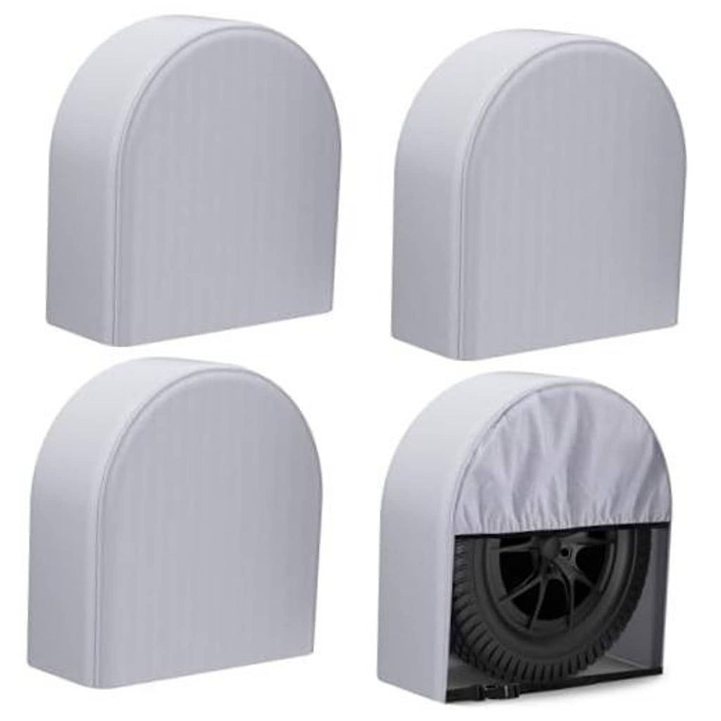 4-pack RV tire wheel covers in light gray, arched half-hood design