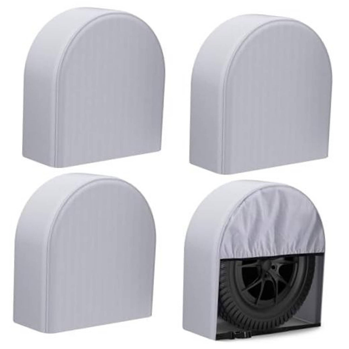 4-pack RV tire wheel covers in light gray, arched half-hood design