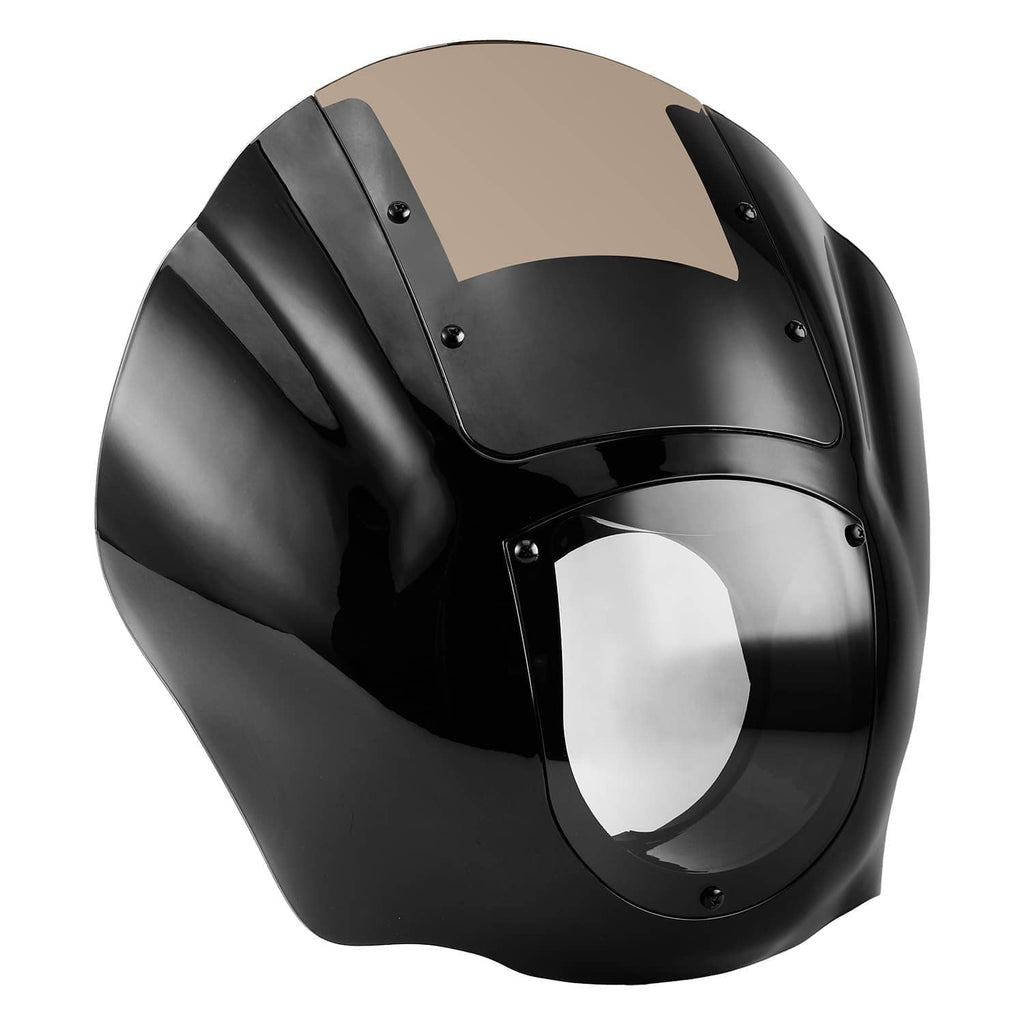 Black quarter headlight fairing windshield with tinted visor and smooth curved shell