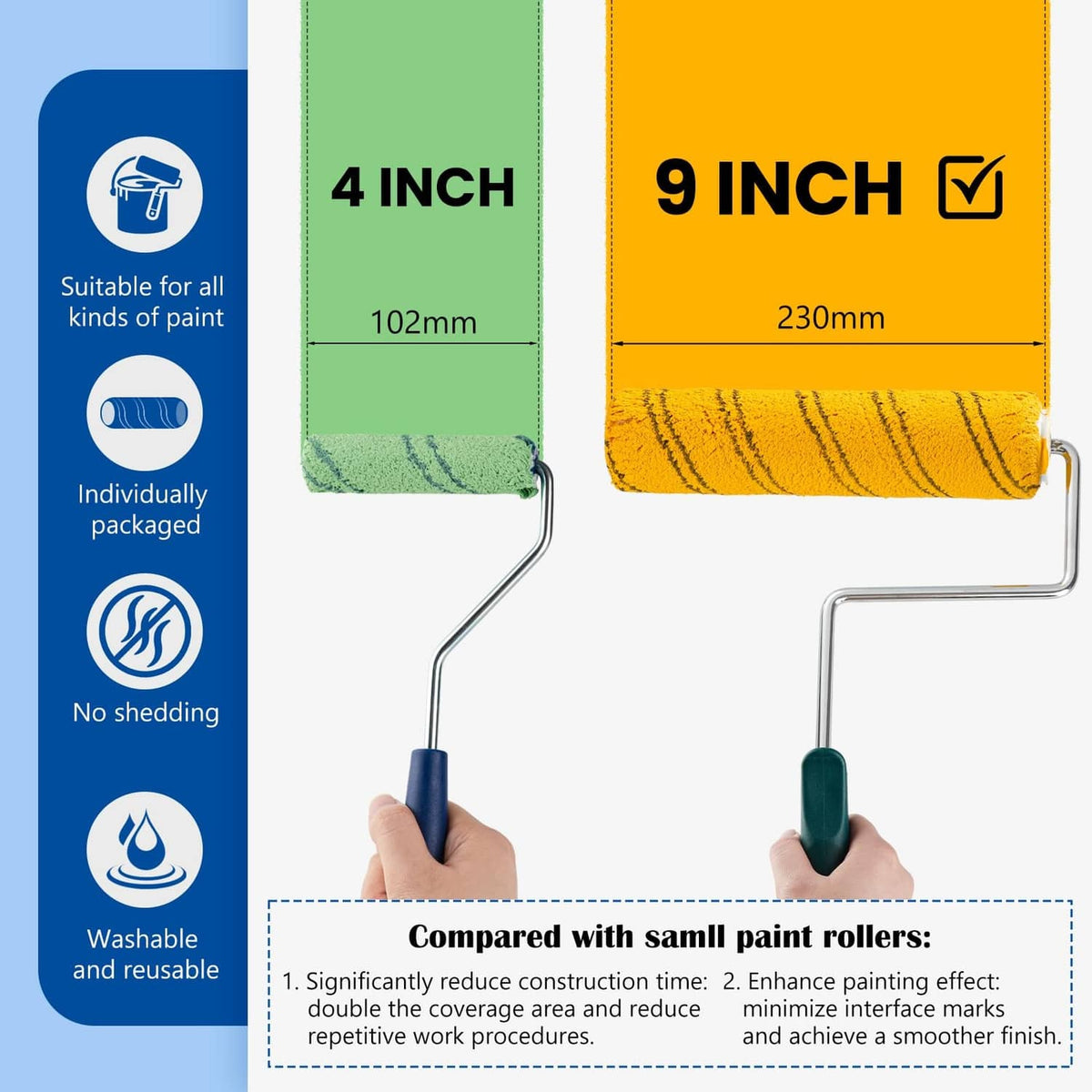 9-inch striped microfiber paint roller cover on a metal roller frame