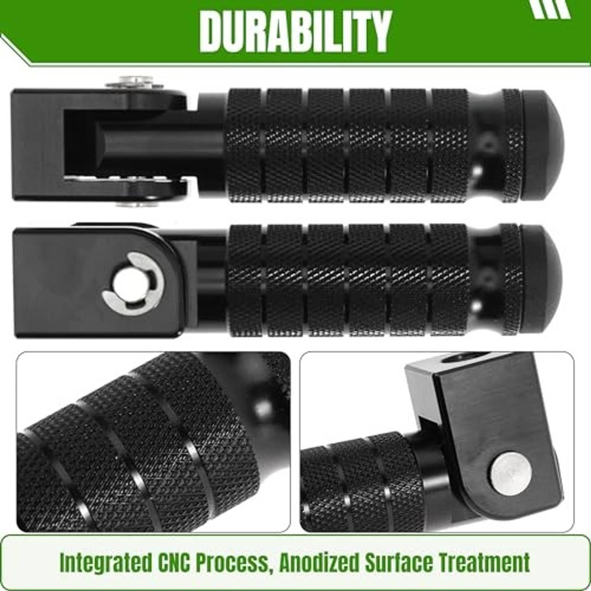 Black textured footrest inserts with foldable linkage and CNC-machined brackets