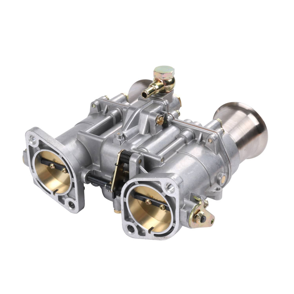 Carburetor showing two round throttle bores and gold-topped adjustment fitting