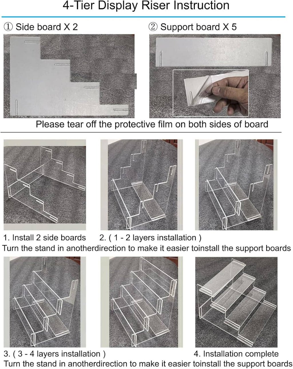 4-tier clear acrylic display riser installation guide showing layered boards