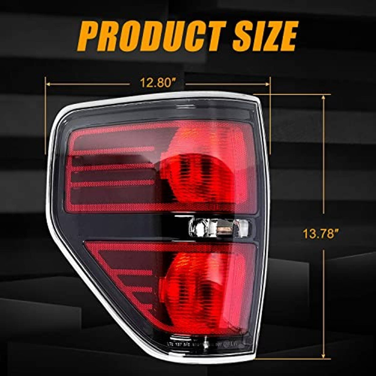 Rear tail light with black housing, red upper and lower lens sections, chrome trim