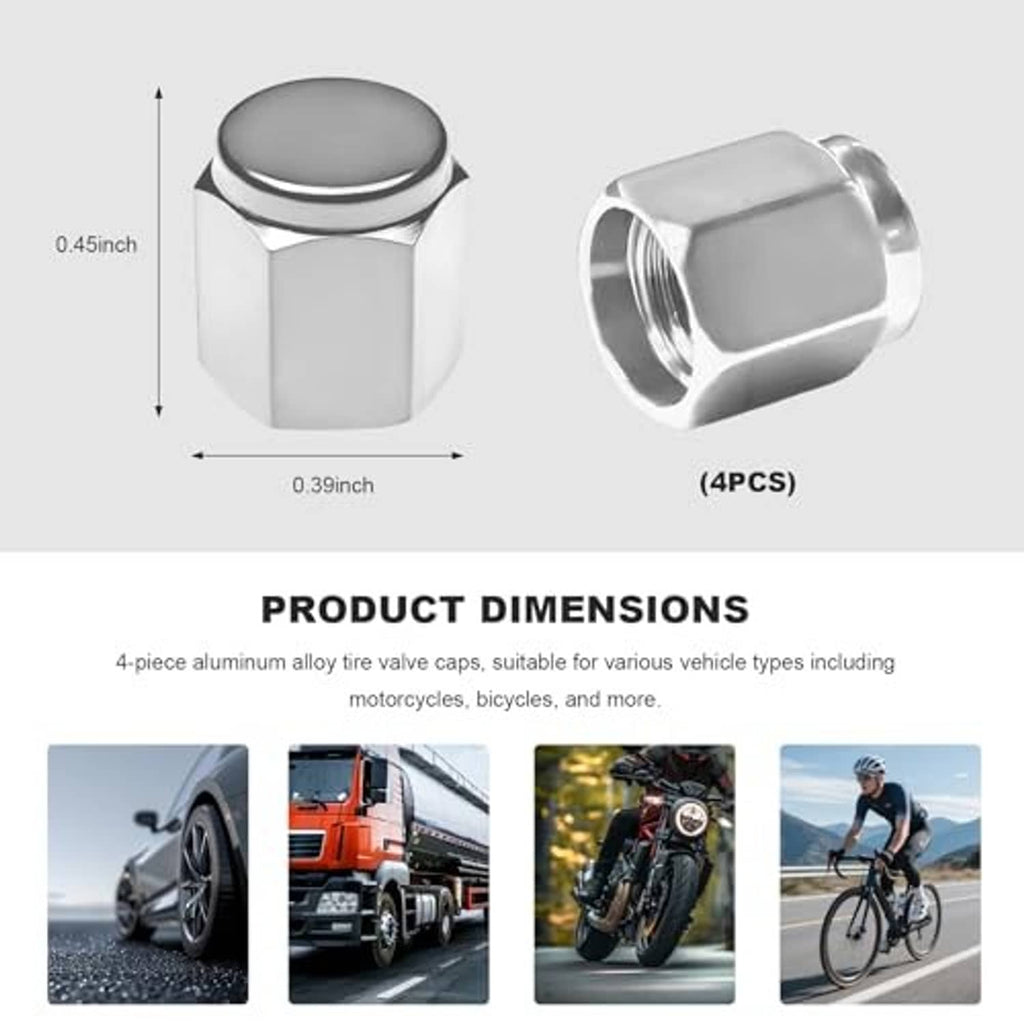 Silver aluminum tire valve stem cap, hex body with domed top, shown with size diagram