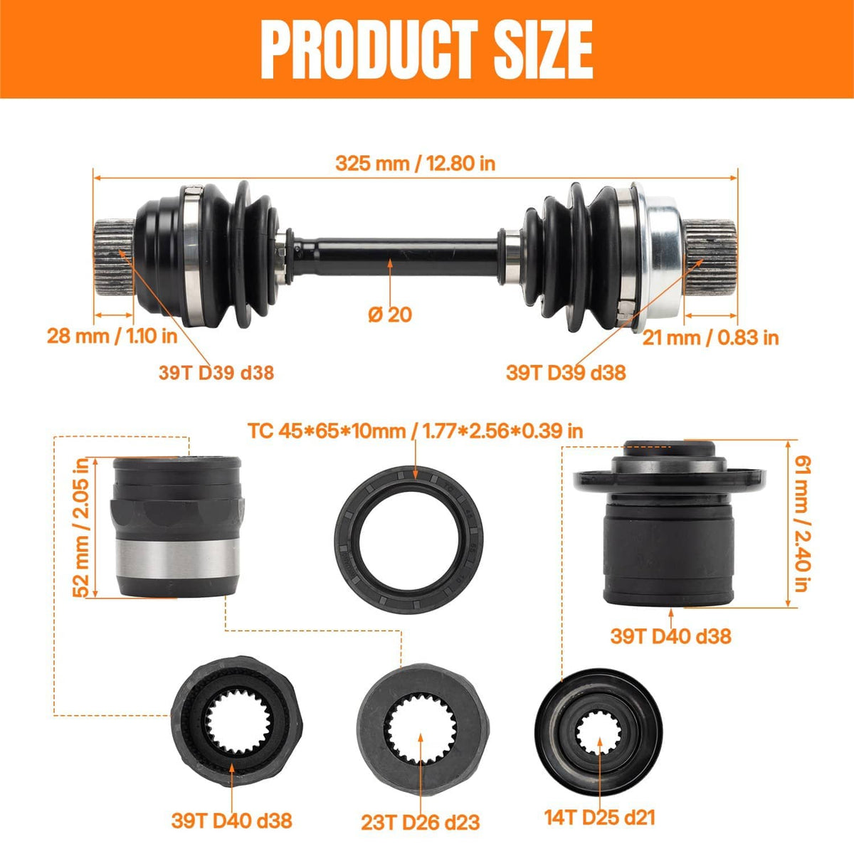 Front differential drive shaft product size diagram with couplers and rubber seal parts