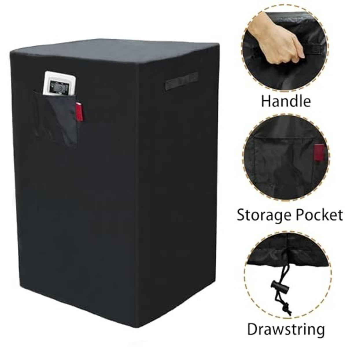 Black portable air conditioner cover with gray top, front pocket window, handle and drawstring