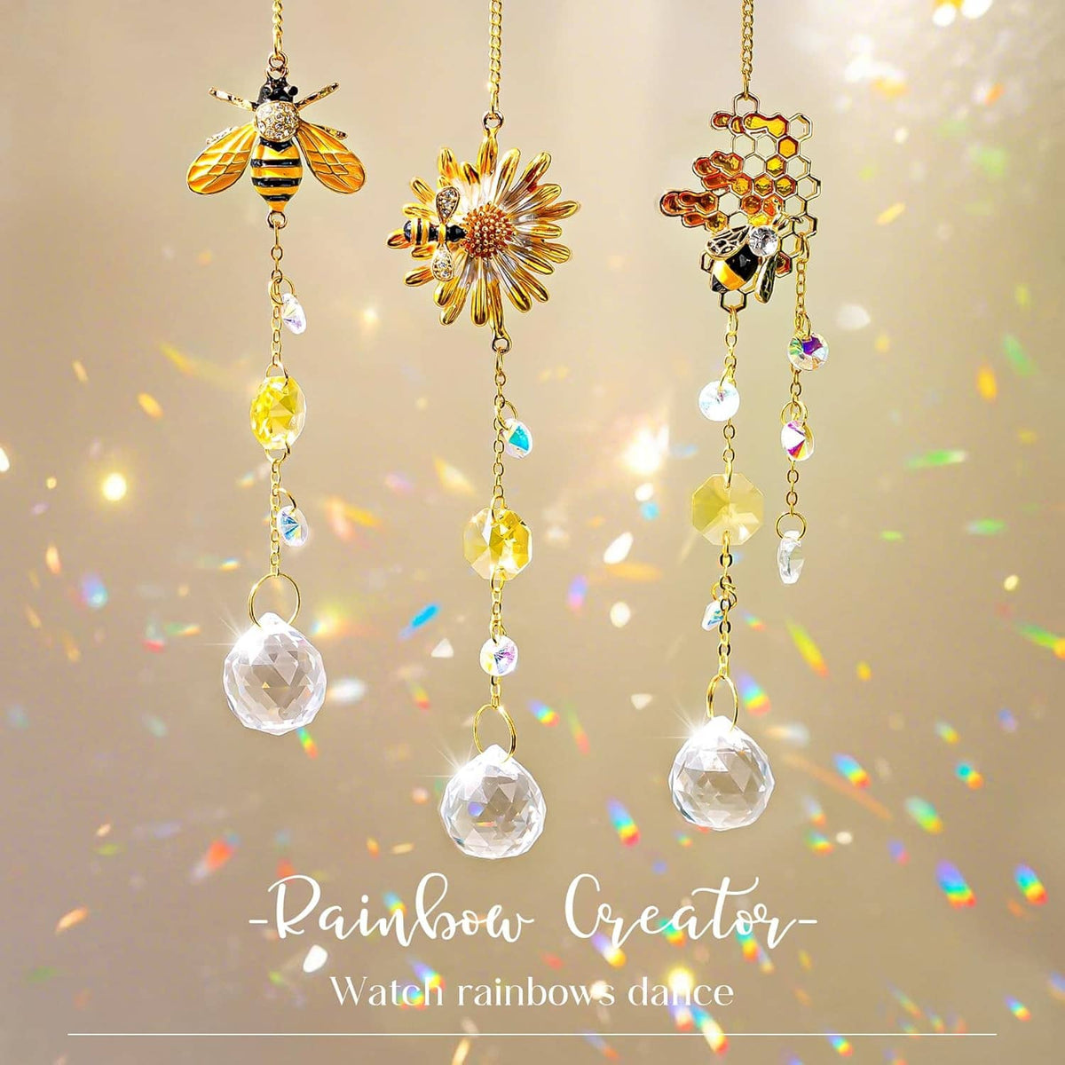 Gold bee and sunburst crystal suncatcher ornaments with faceted crystal beads