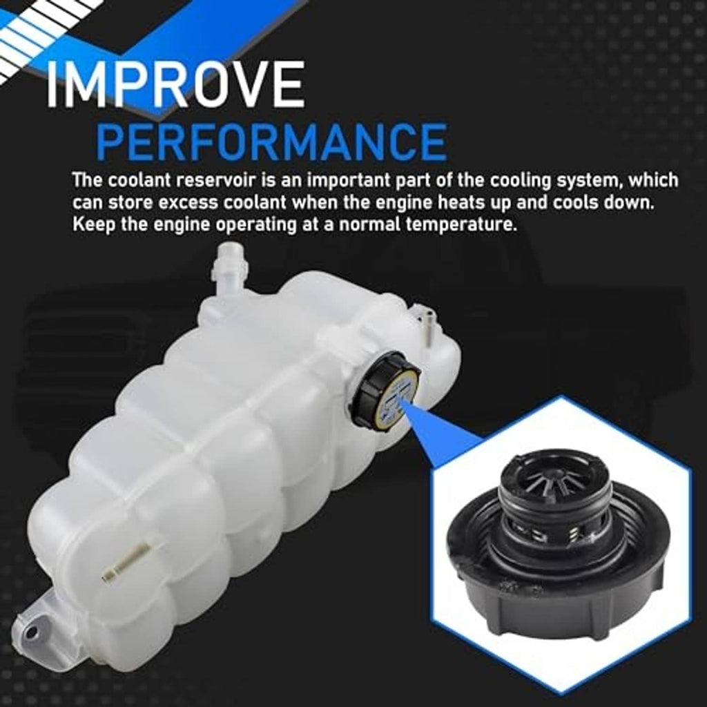 White coolant overflow reservoir tank with black cap and mounting holes