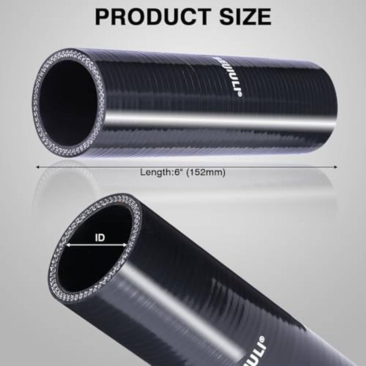 Straight silicone hose coupler, black with silver band, showing length scale