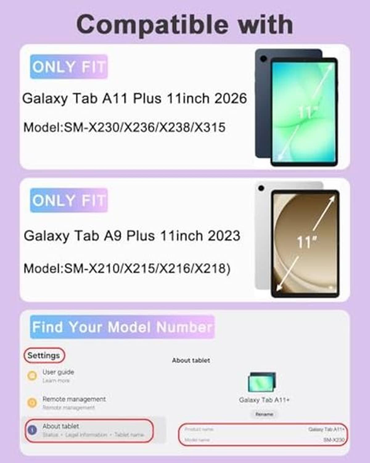 Tablet case compatibility chart for Galaxy Tab A11 Plus and Tab A9 Plus