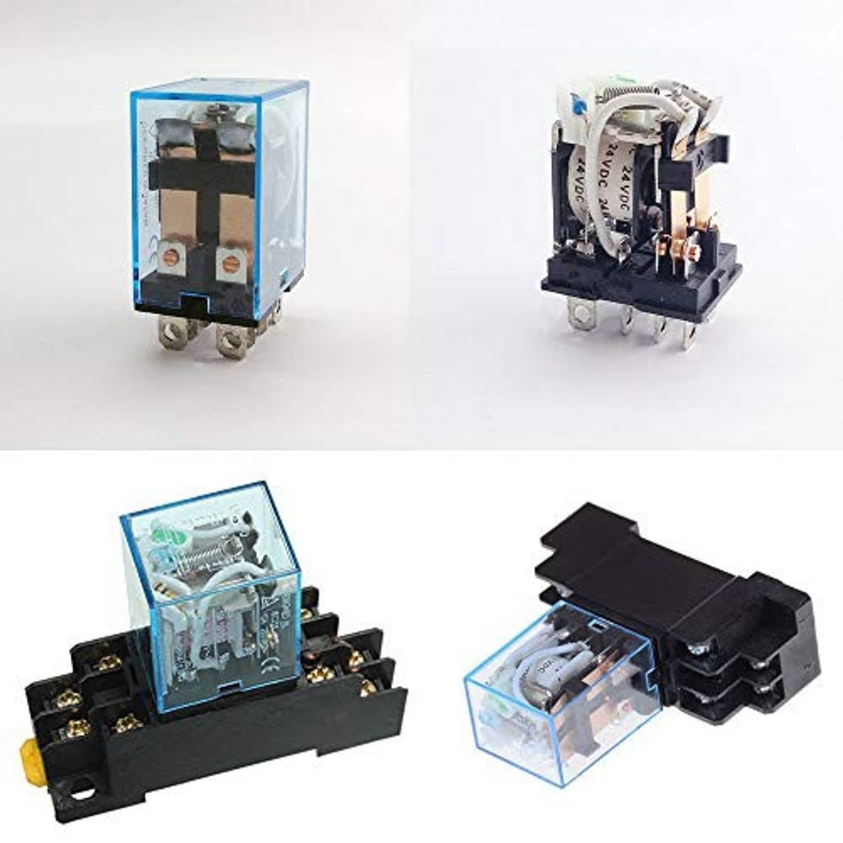 DPDT relay with black base and blue clear cover, plus side view with wiring terminals