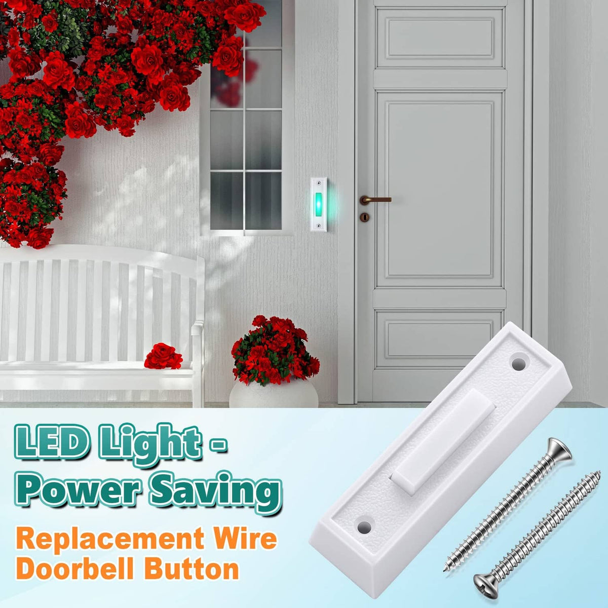 White wired doorbell button with green LED beside front door, includes screws