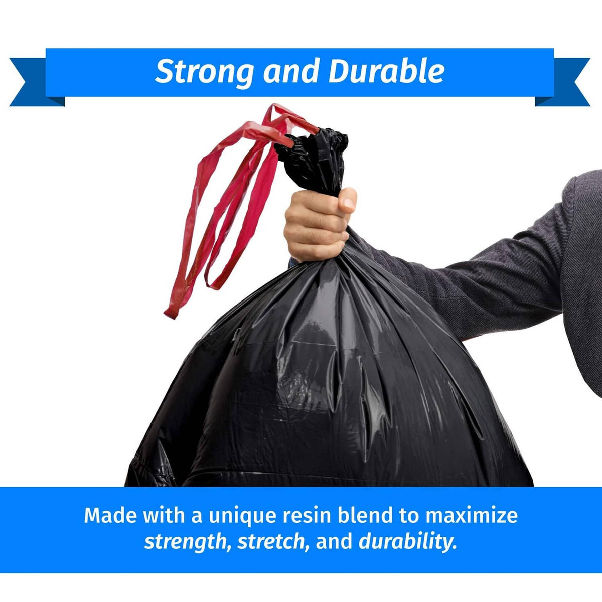 Black 30-gallon drawstring trash bag being pulled closed with red drawstring