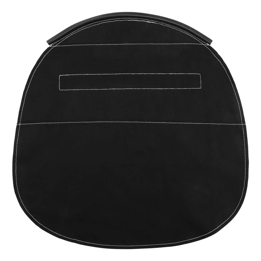 Black welding helmet cover close-up with rectangular top patch and double stitching