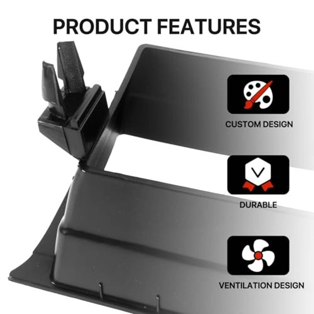 Black grille trim panel with three openings, with durability and ventilation icons