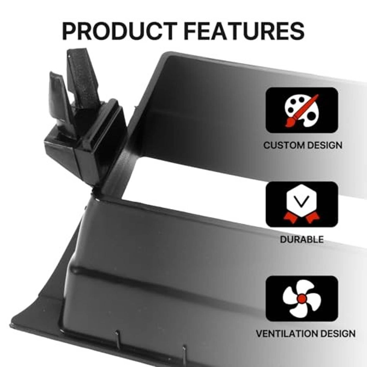 Black grille trim panel with three openings, with durability and ventilation icons