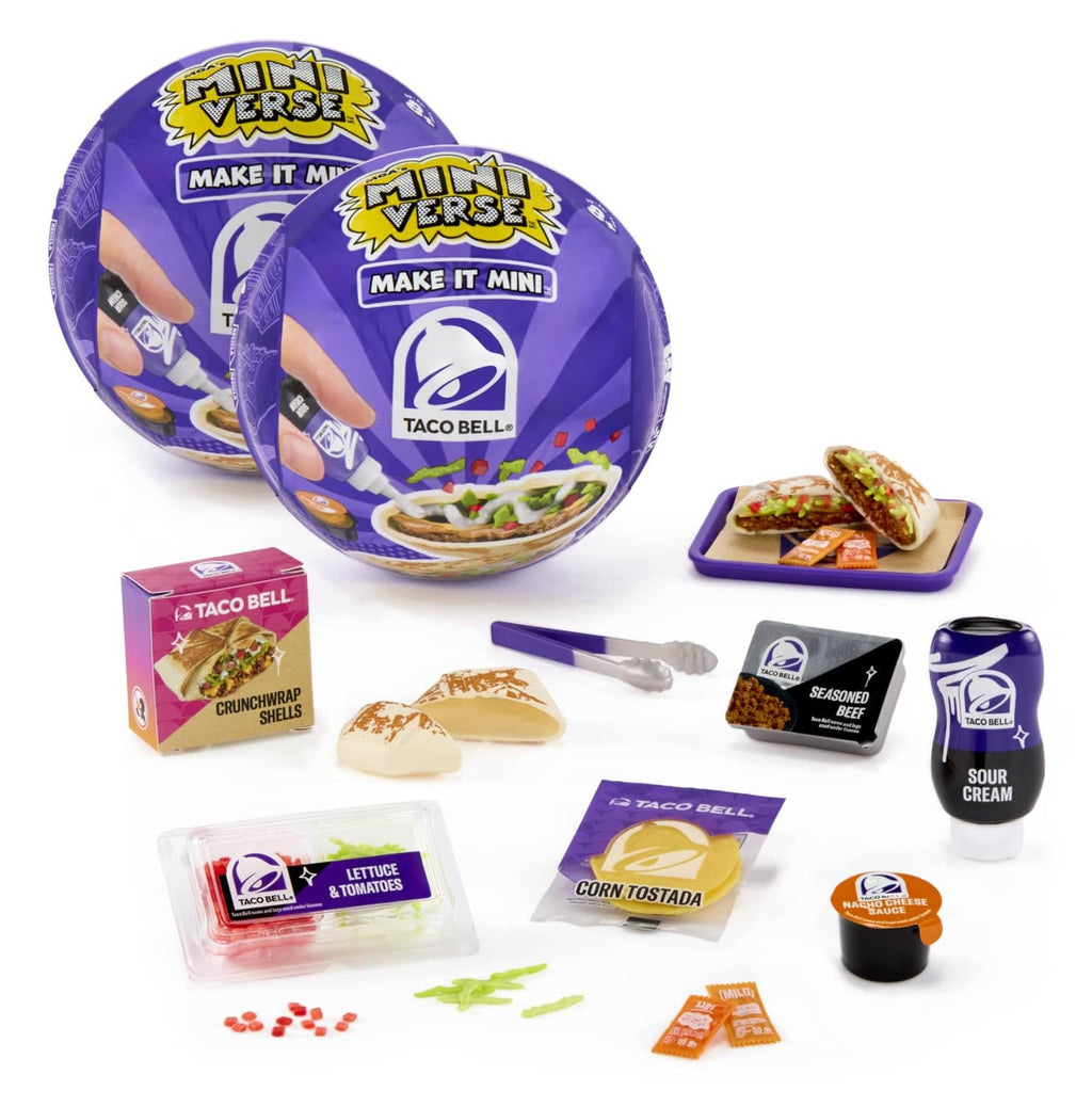 Mini Taco Bell figure set, two purple capsules with mini food and accessory packages