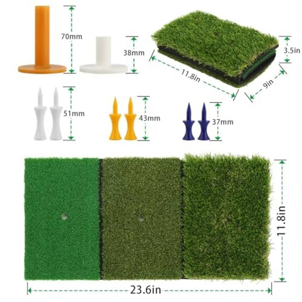 Close-up of three connected artificial turf panels for golf practice, with a tee and ball.