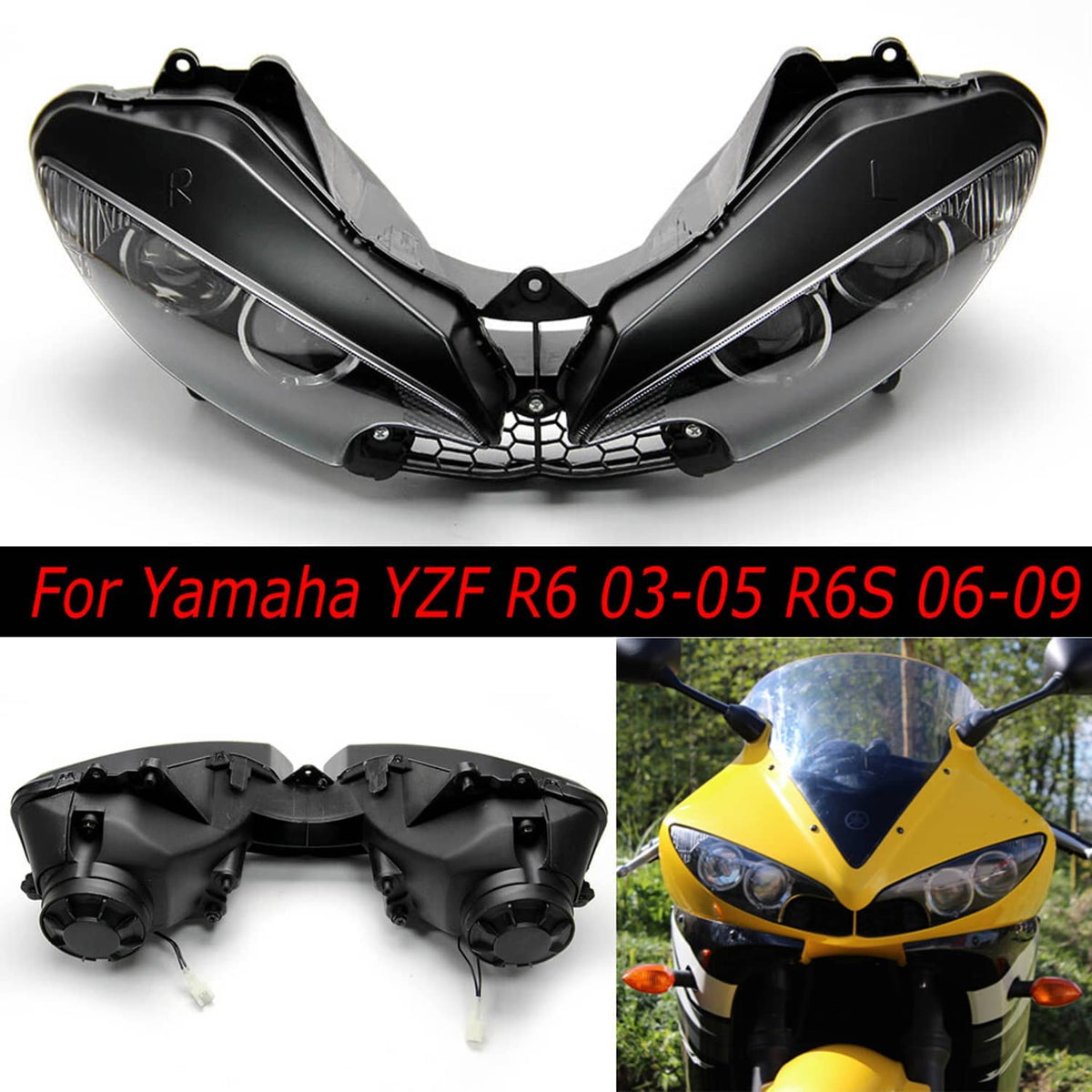 Black motorcycle headlight cowl with upper fairing stay bracket, front view