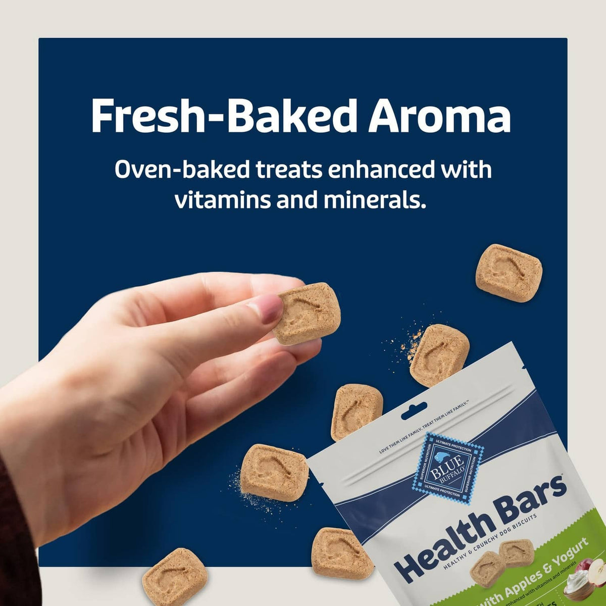 Blue Buffalo Health Bars pouch with hand holding a small baked dog biscuit