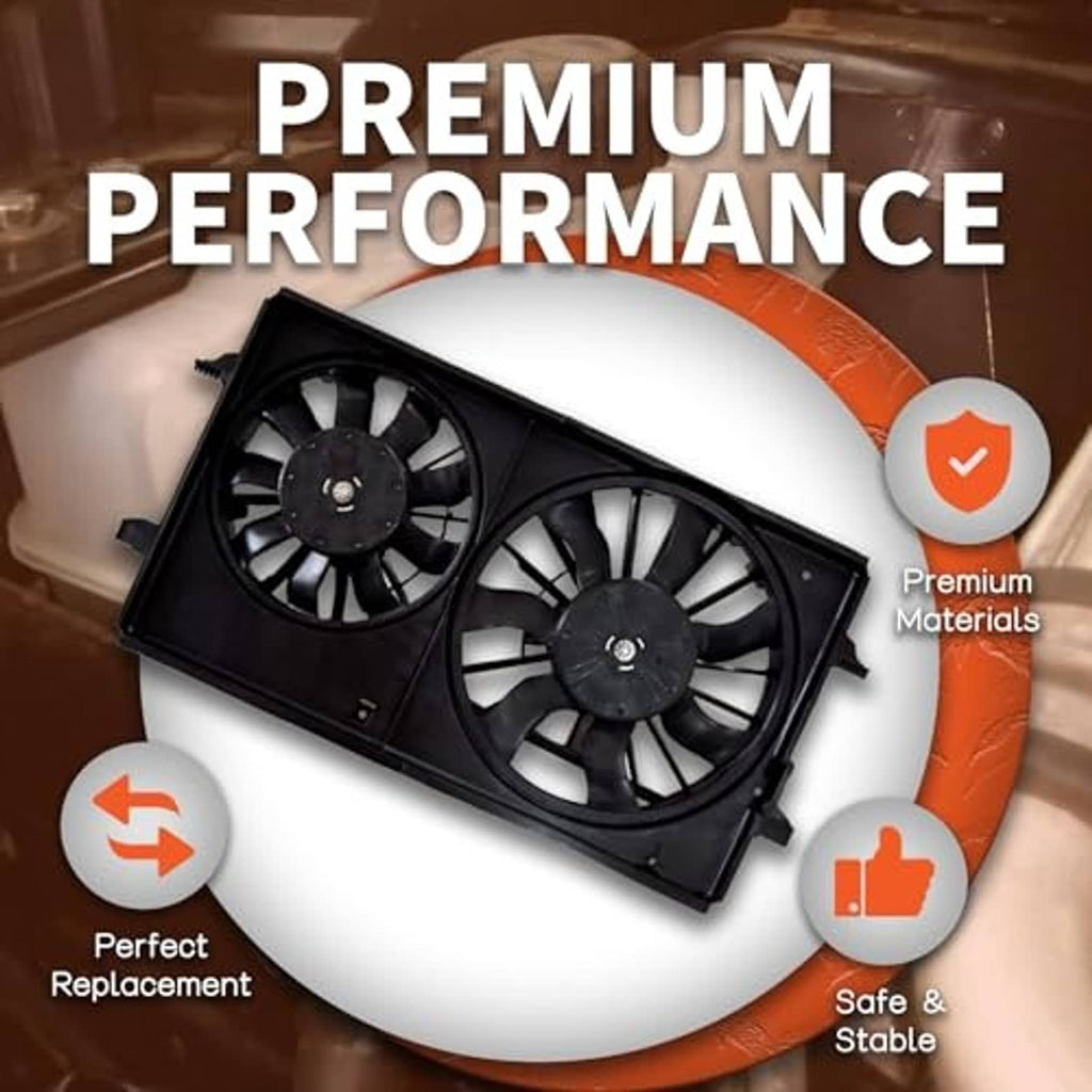 Black dual radiator cooling fan replacement unit with two fans in a frame