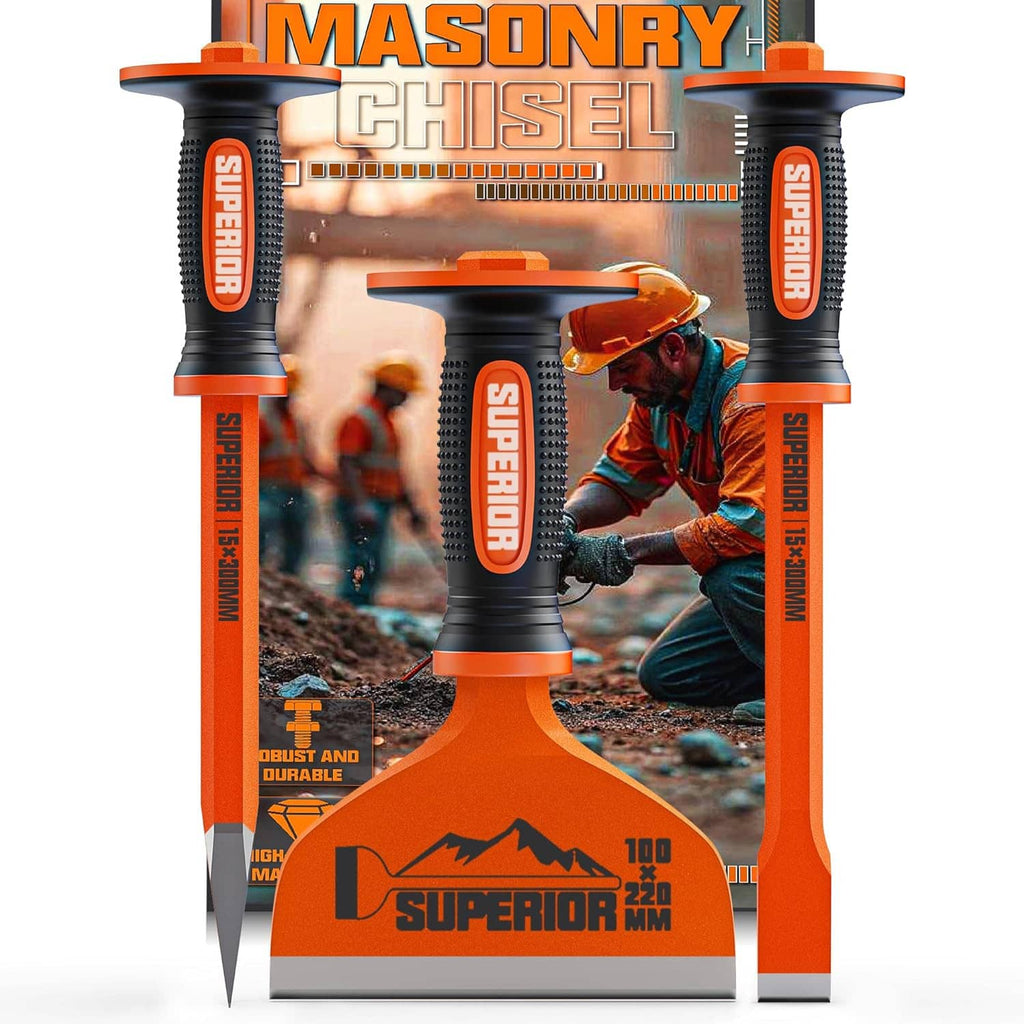 3-piece heavy duty masonry chisel set, orange and black handles, pointed steel blades
