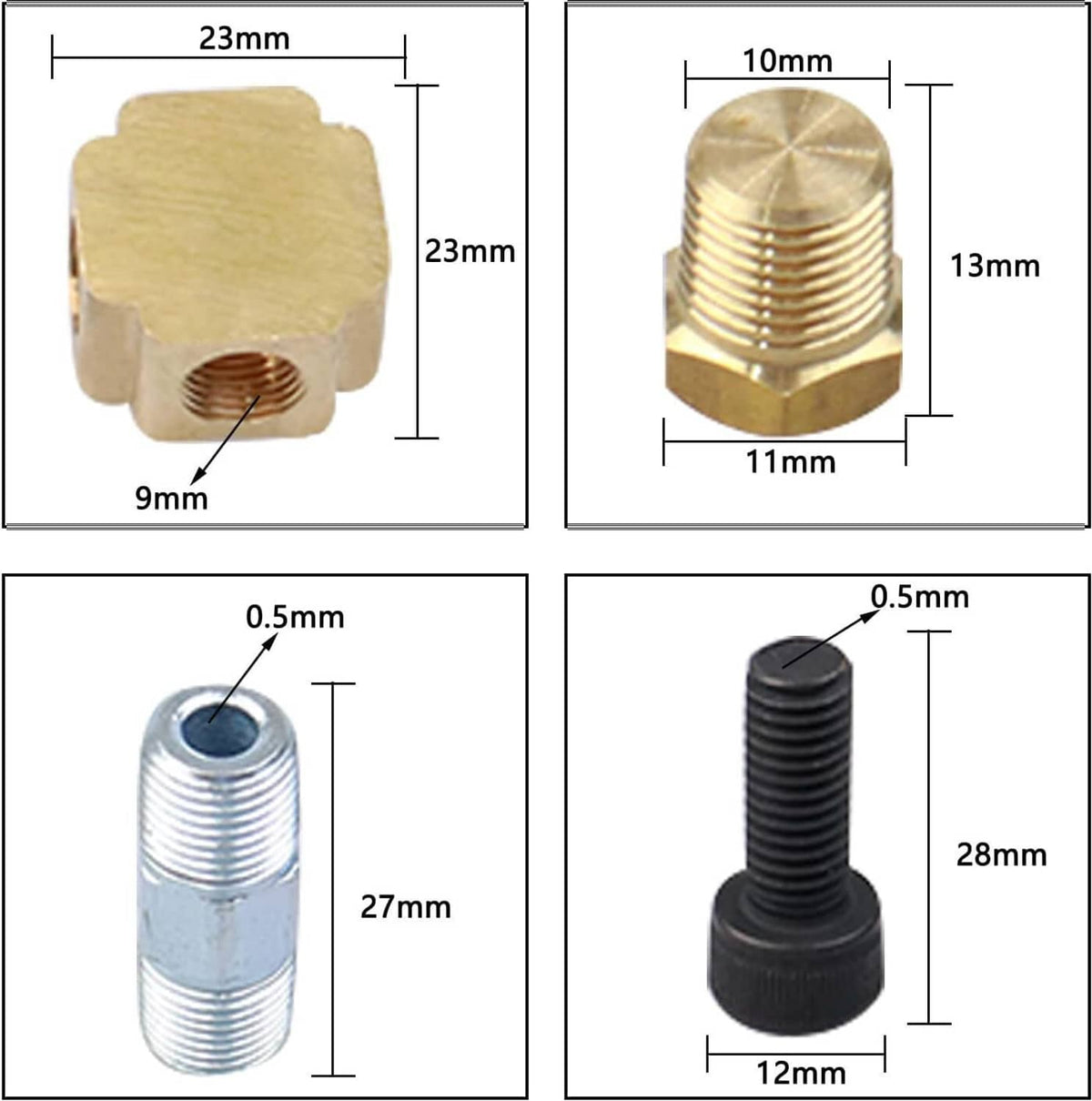 Turbo oil feed line kit part size diagram with brass block, hex fitting, and rubber-capped studs