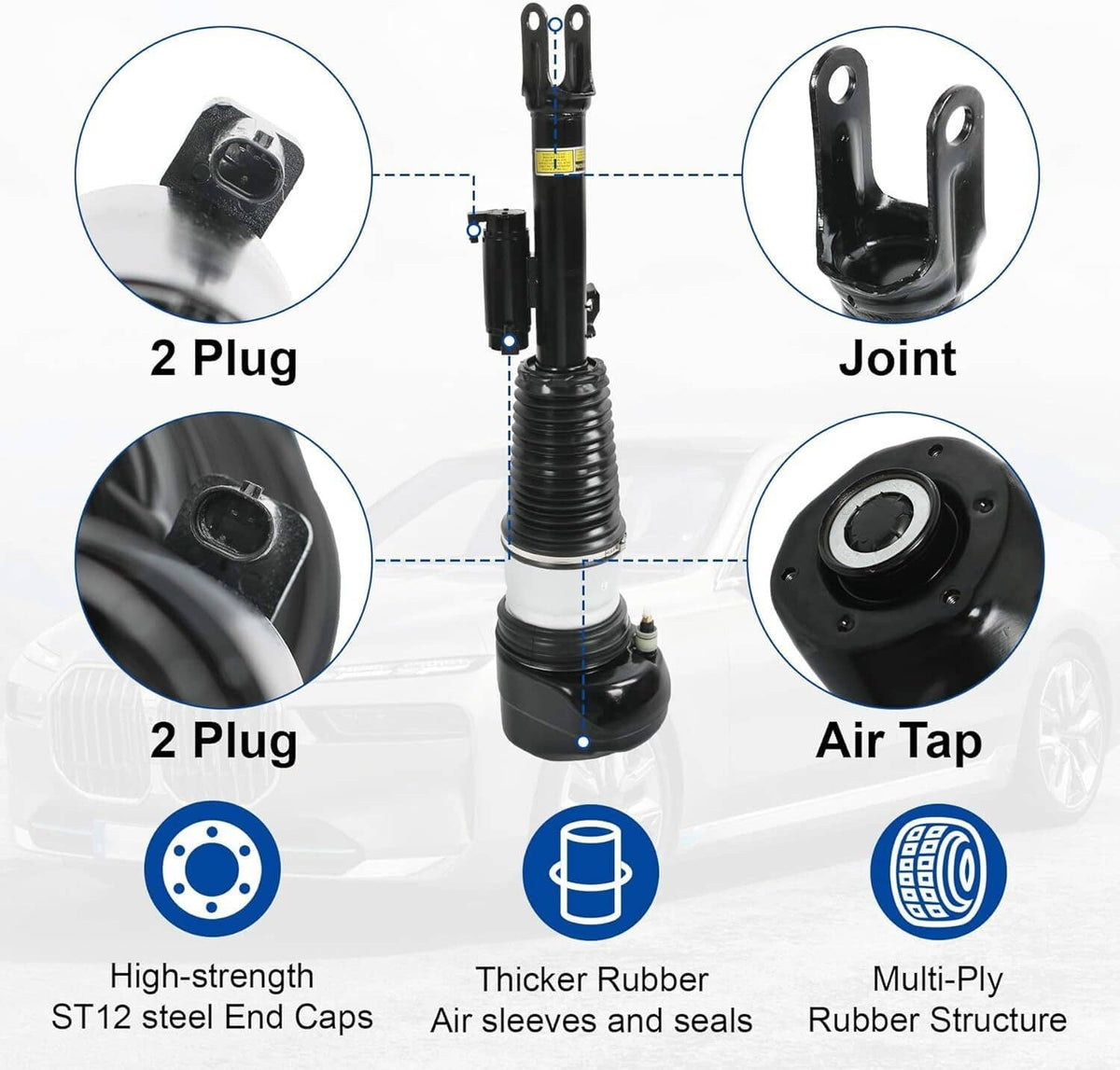 Front air suspension strut pair shown with joint, air tap, and plug connection details