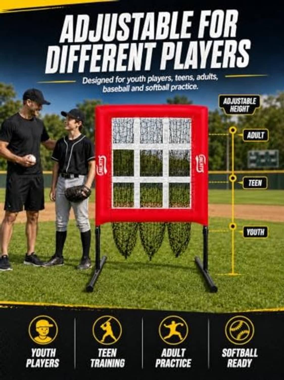 Adjustable red pitching strike-zone net with grid window and height-adjustment legs