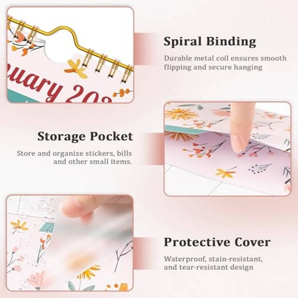 Floral wall calendar with spiral binding, storage pocket, and protective cover