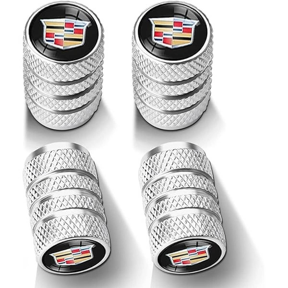 Silver diamond-pattern tire valve stem cover with round black top and crest emblem