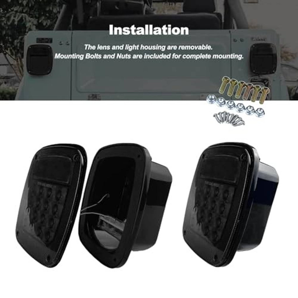 Smoked rear tail light lamp assembly set, multiple angles of square LED housing.