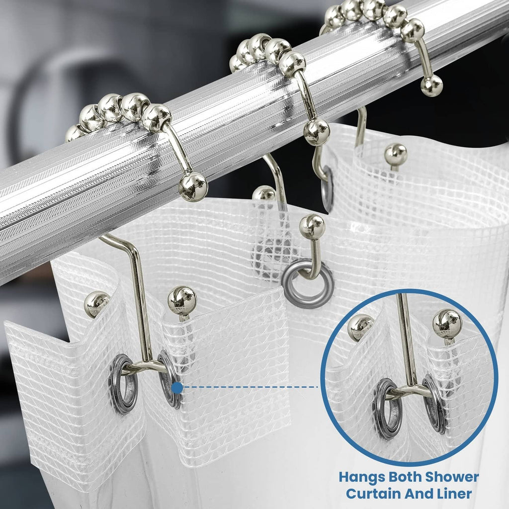 Nickel roller shower curtain hooks holding a white shower liner and curtain