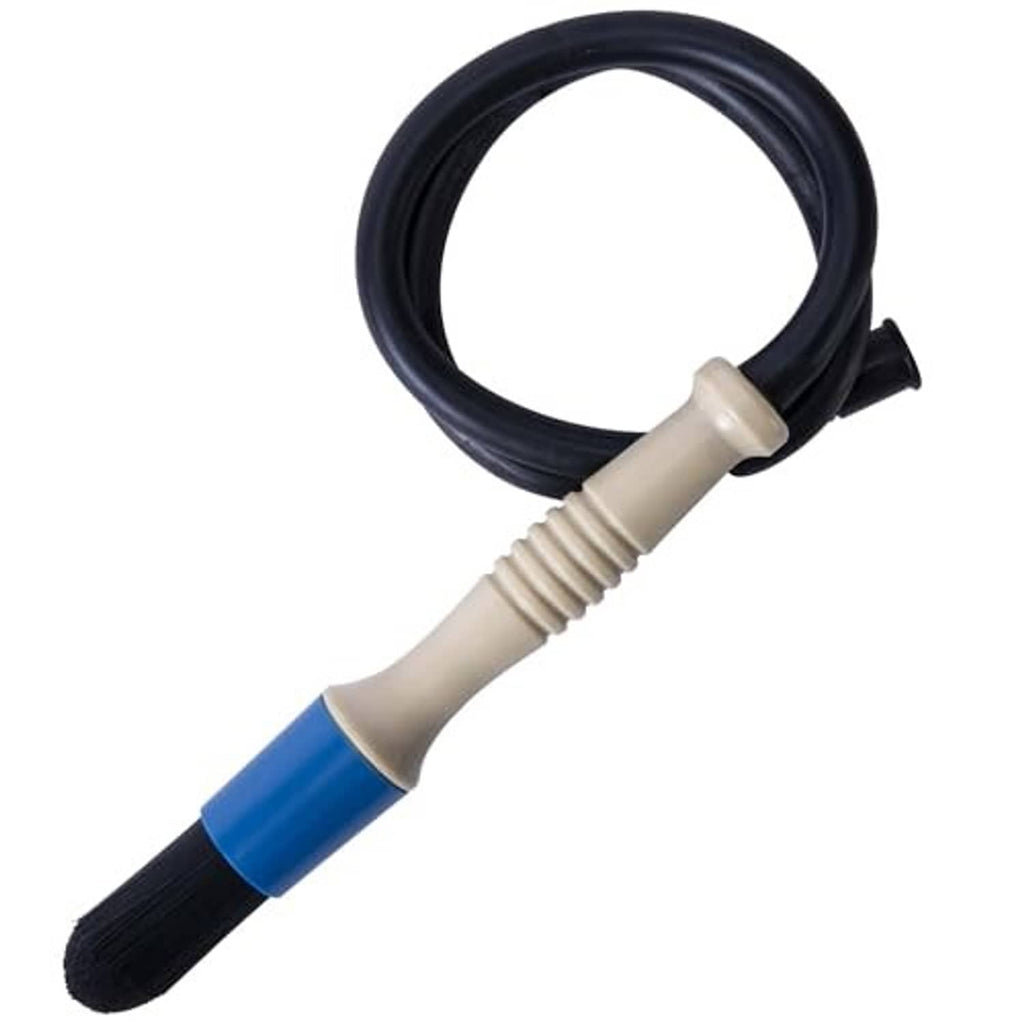 Parts cleaning brush with beige ribbed grip, blue band, black bristles, and hose