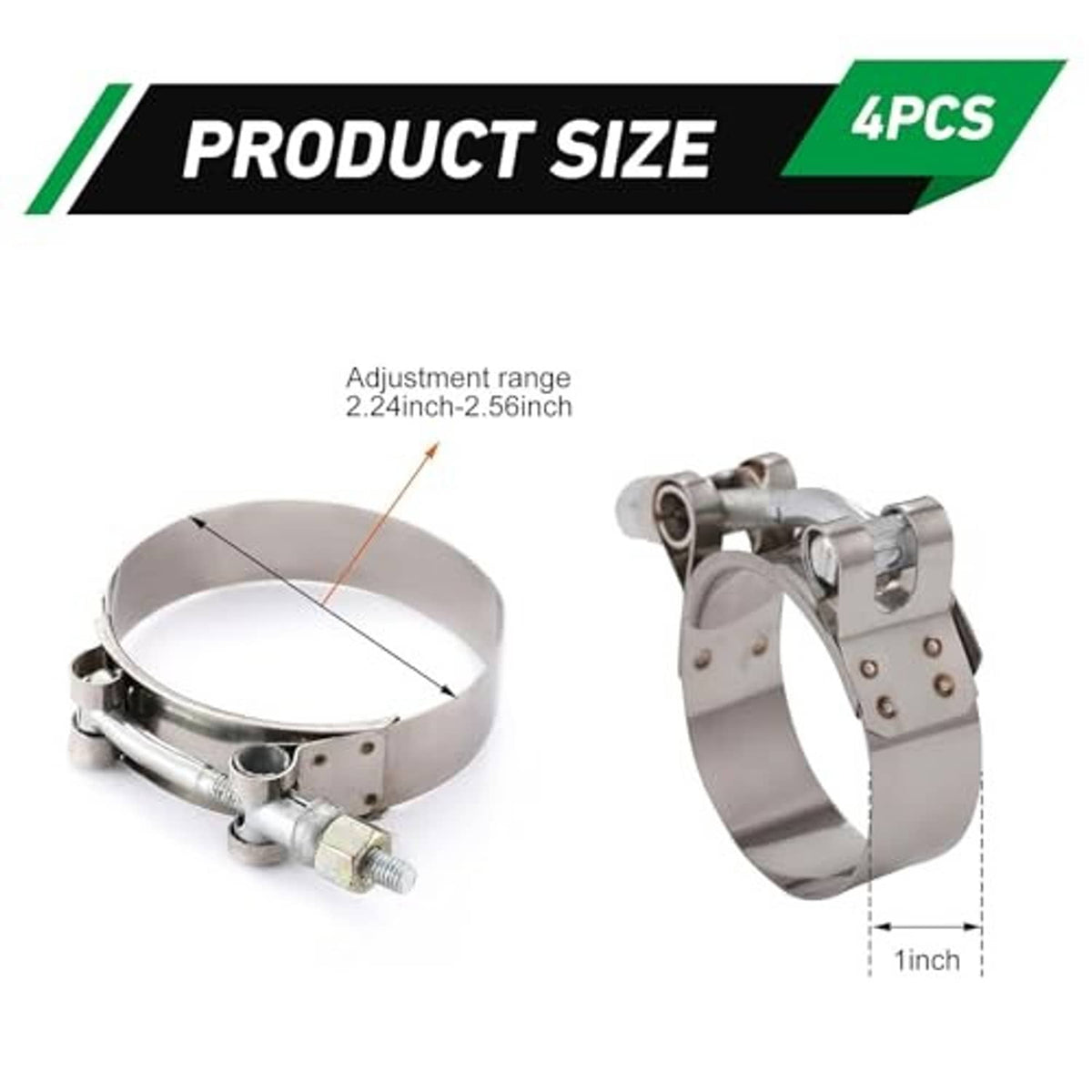 Stainless steel T-bolt hose clamp with open band and threaded screw housing, side view