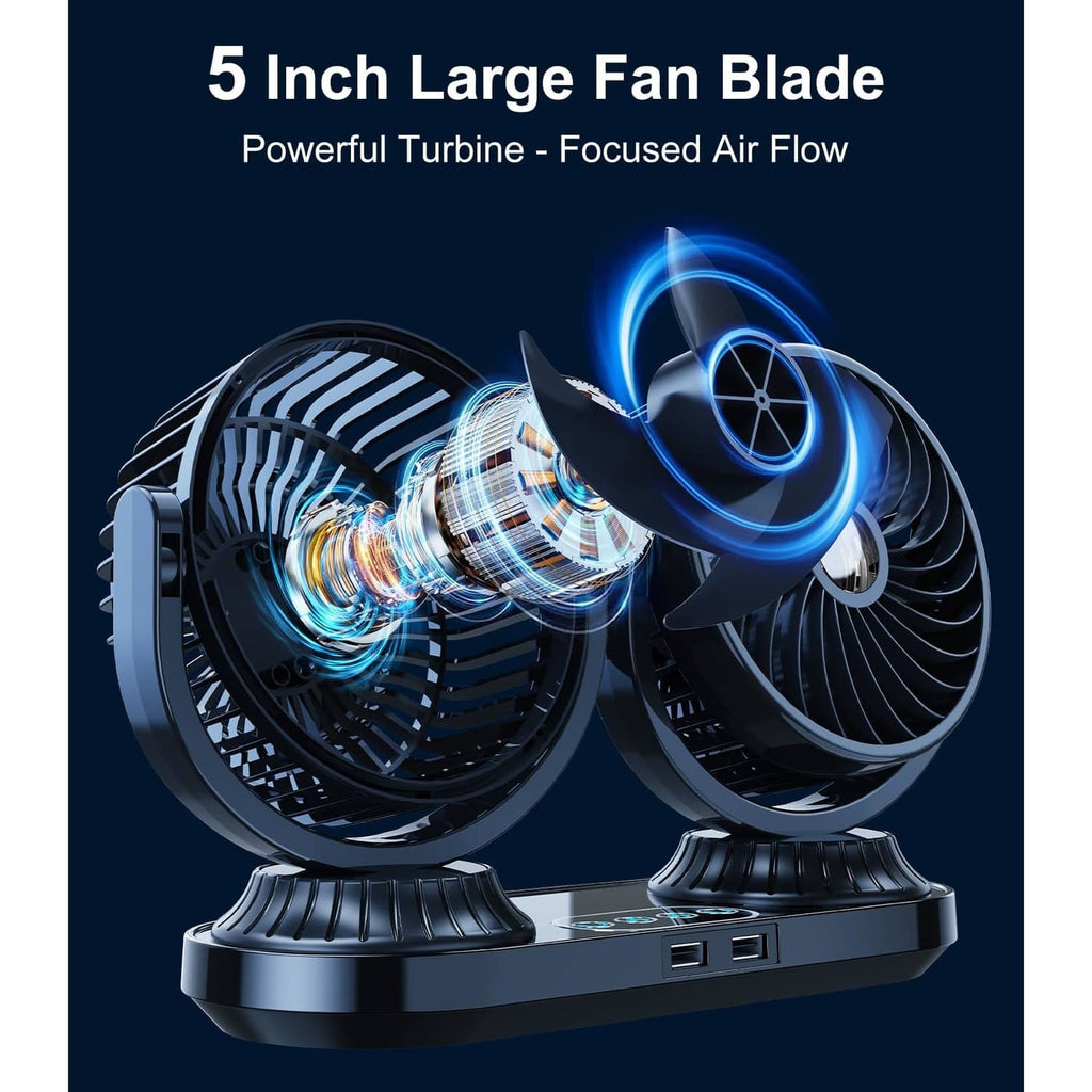 Dual-head car dashboard fan with large blade grilles and control panel on base