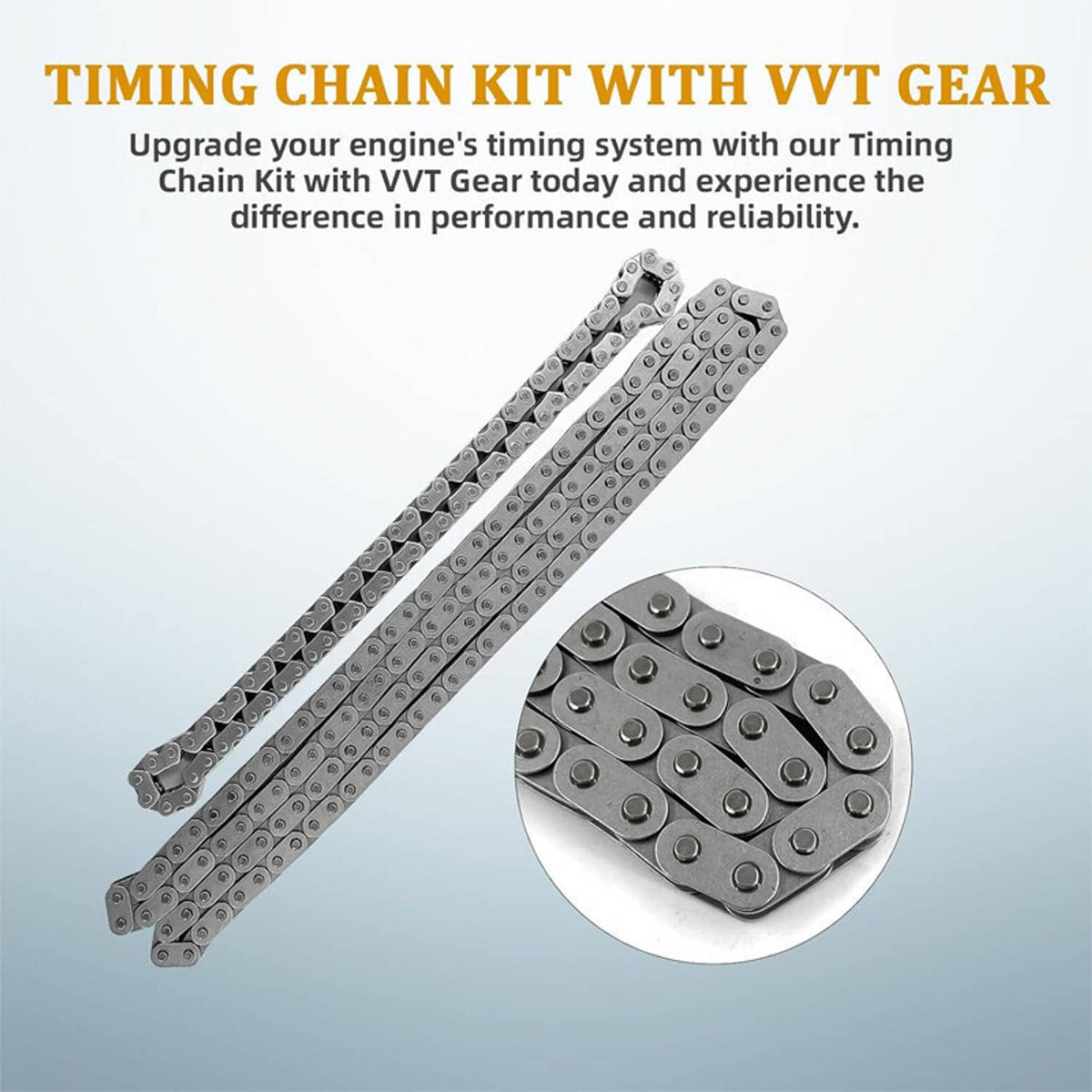 Timing chain kit with VVT gear: metal chain links and gear assembly