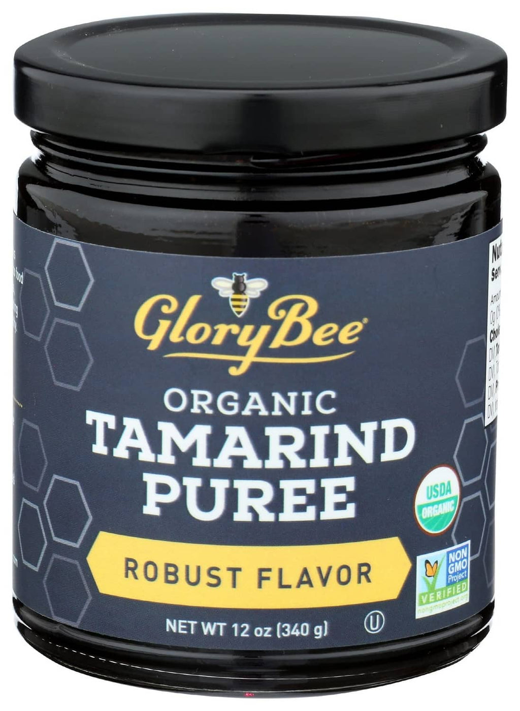 Organic tamarind puree jar, 12 oz, dark glass with GloryBee label and non-GMO badge