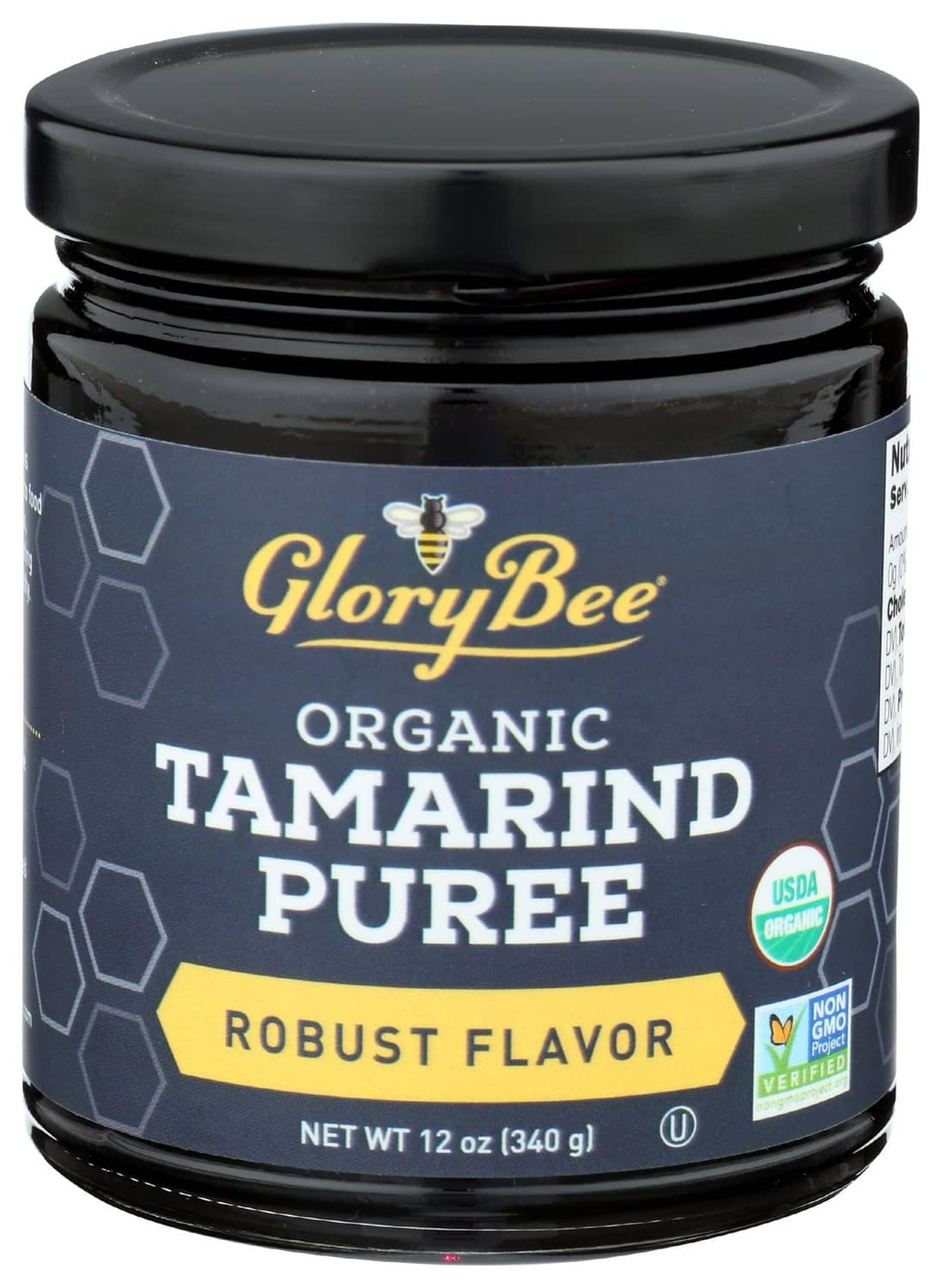Organic tamarind puree jar, 12 oz, dark glass with GloryBee label and non-GMO badge