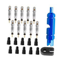 Bike Presta valve core kit with alloy cores, black caps, and blue valve tool