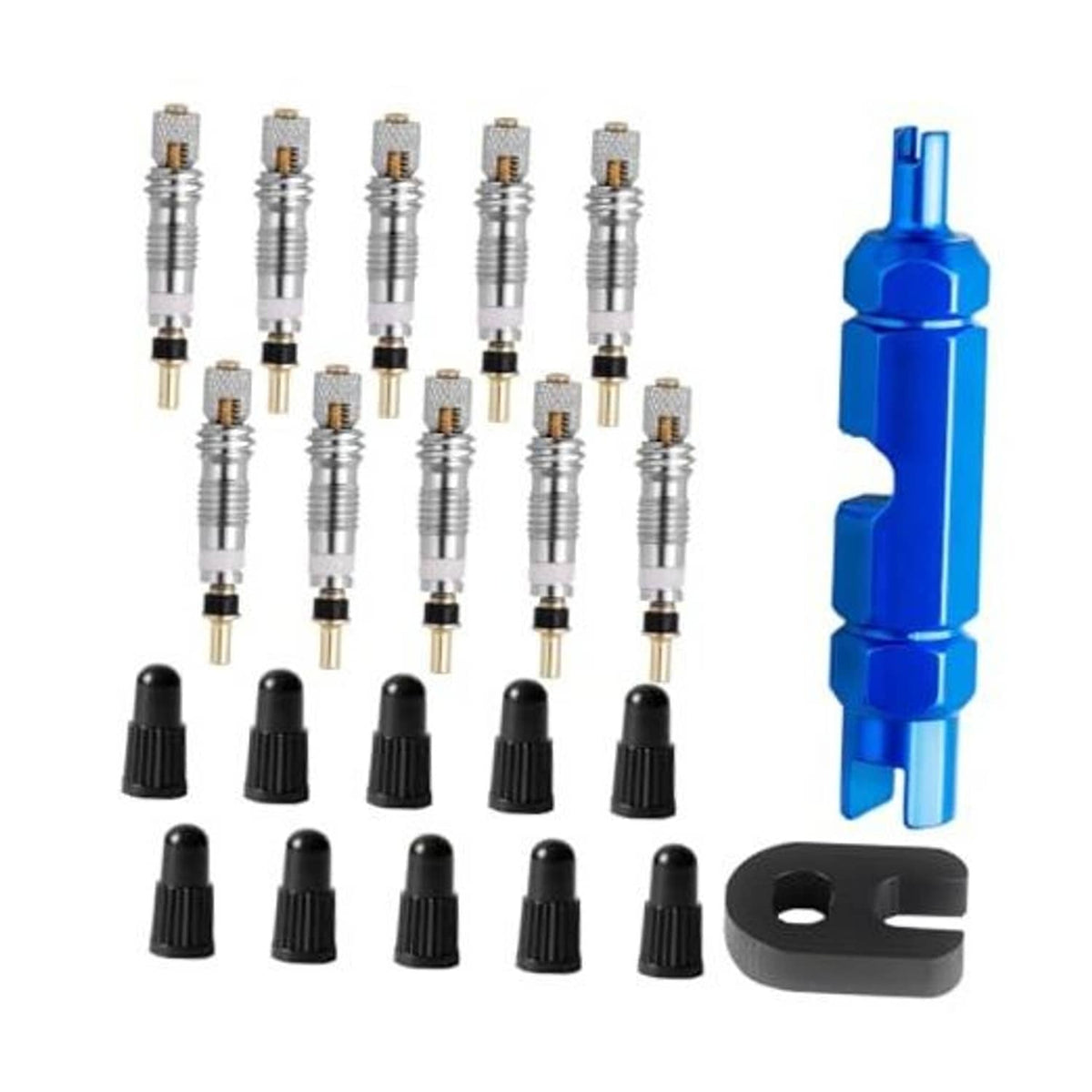 Bike Presta valve core kit with alloy cores, black caps, and blue valve tool