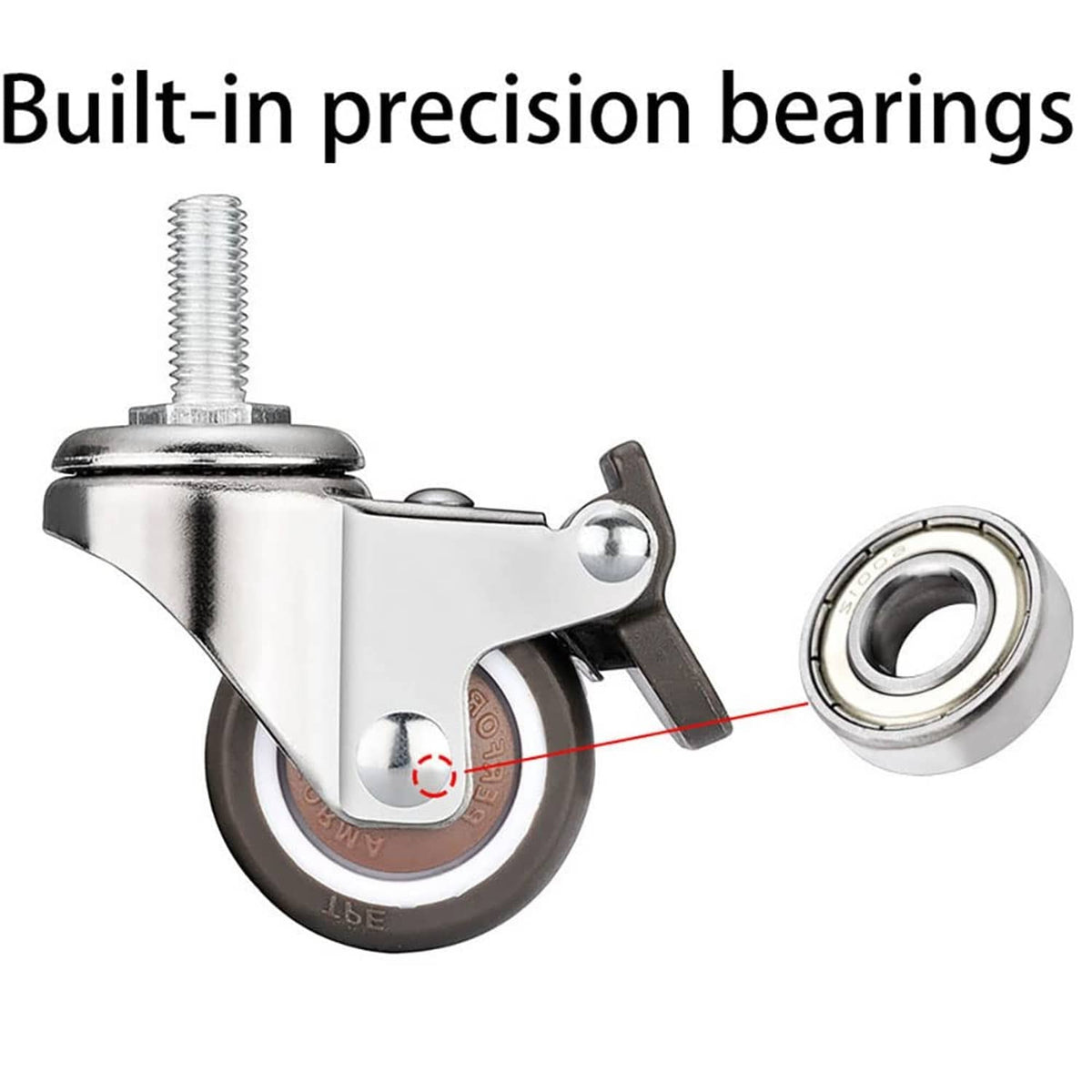 Swivel caster with metal housing and dark wheel, showing internal bearing detail