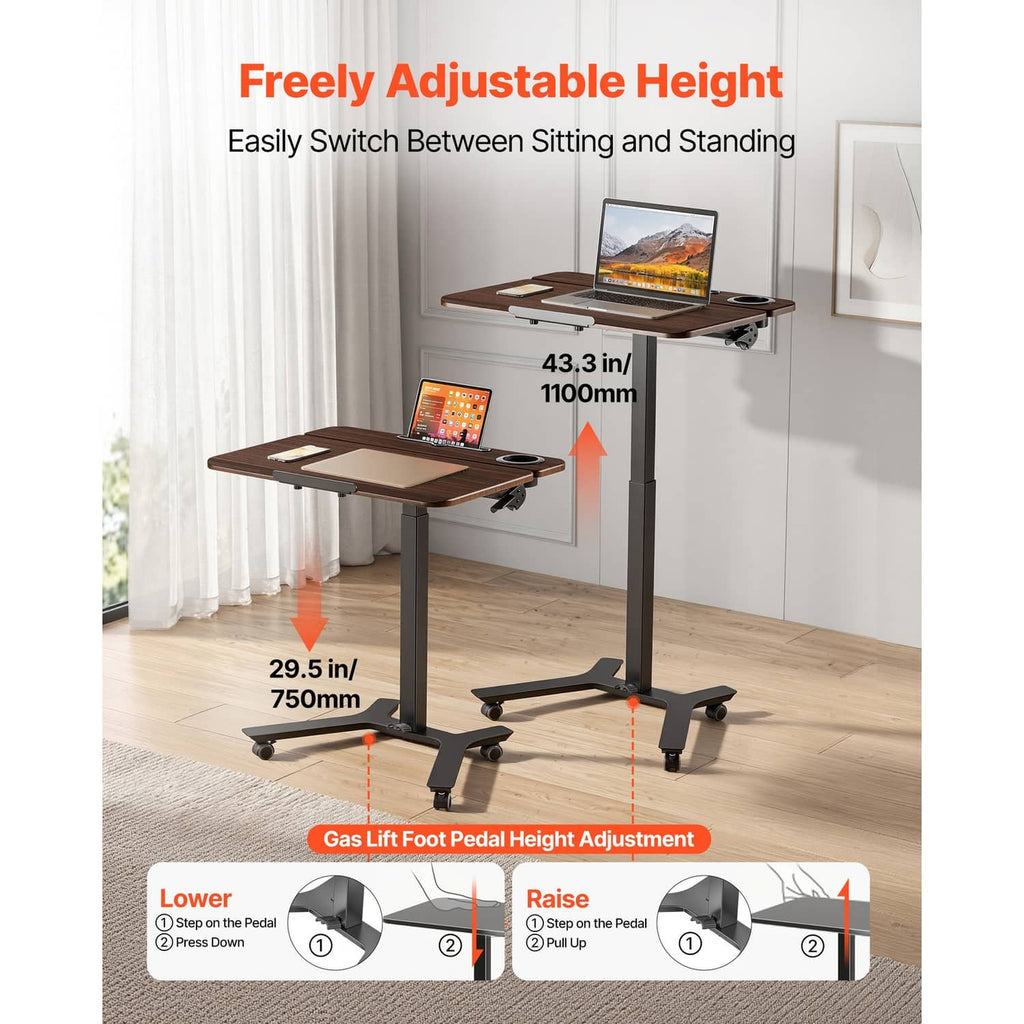 Standing desk with flip mechanism, height adjustment legs, and dark wood work surface