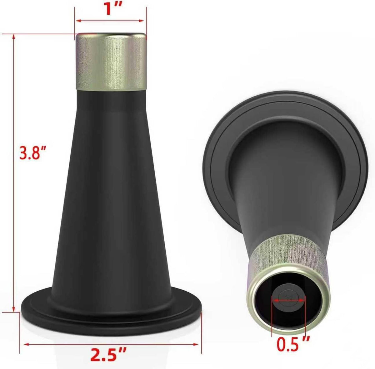 Black bed frame feet with light metal top collar; includes size measurements
