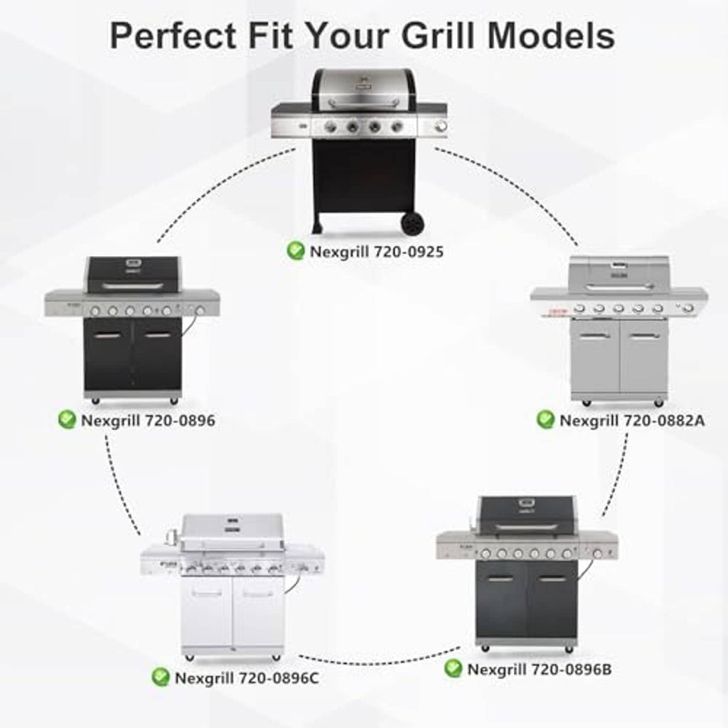 Stainless steel grill replacement heat plates shown with matching grill model outlines