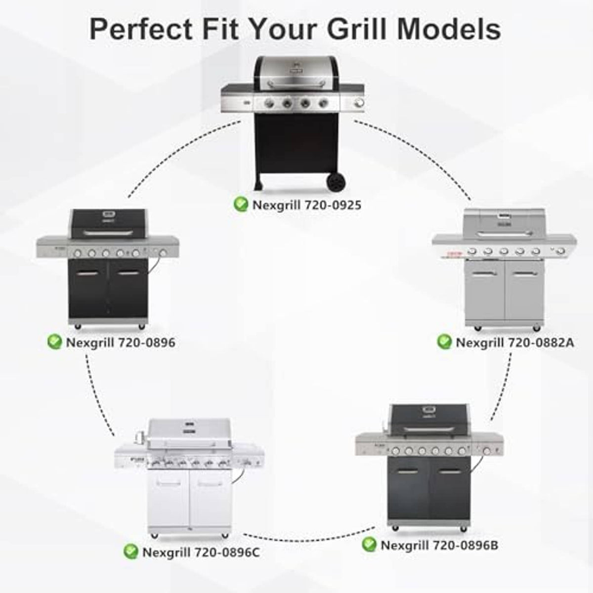 Stainless steel grill replacement heat plates shown with matching grill model outlines