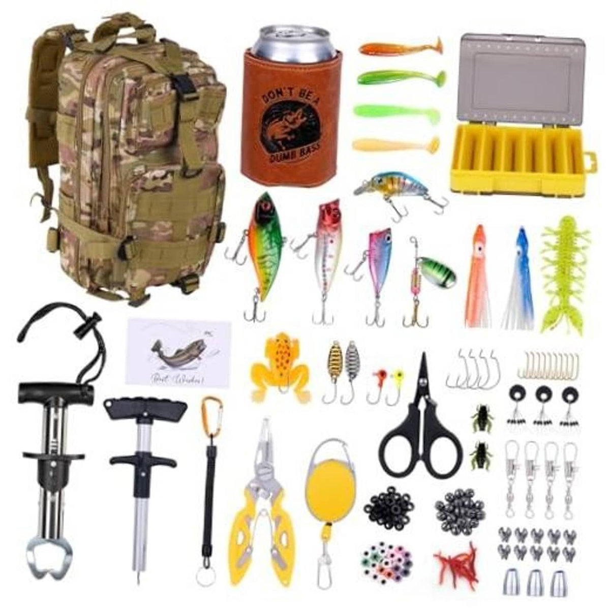 Camouflage fishing backpack kit with assorted lures, tackle boxes, tools, and hook accessories