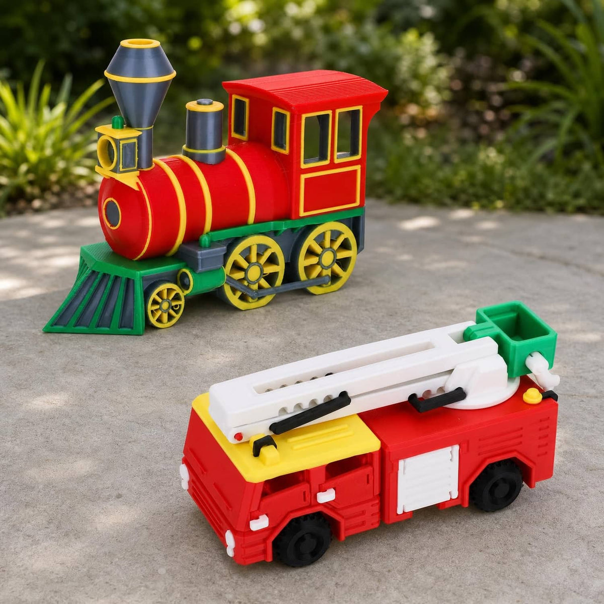 PLA 3D-printed toy train with colorful engine and track accessories