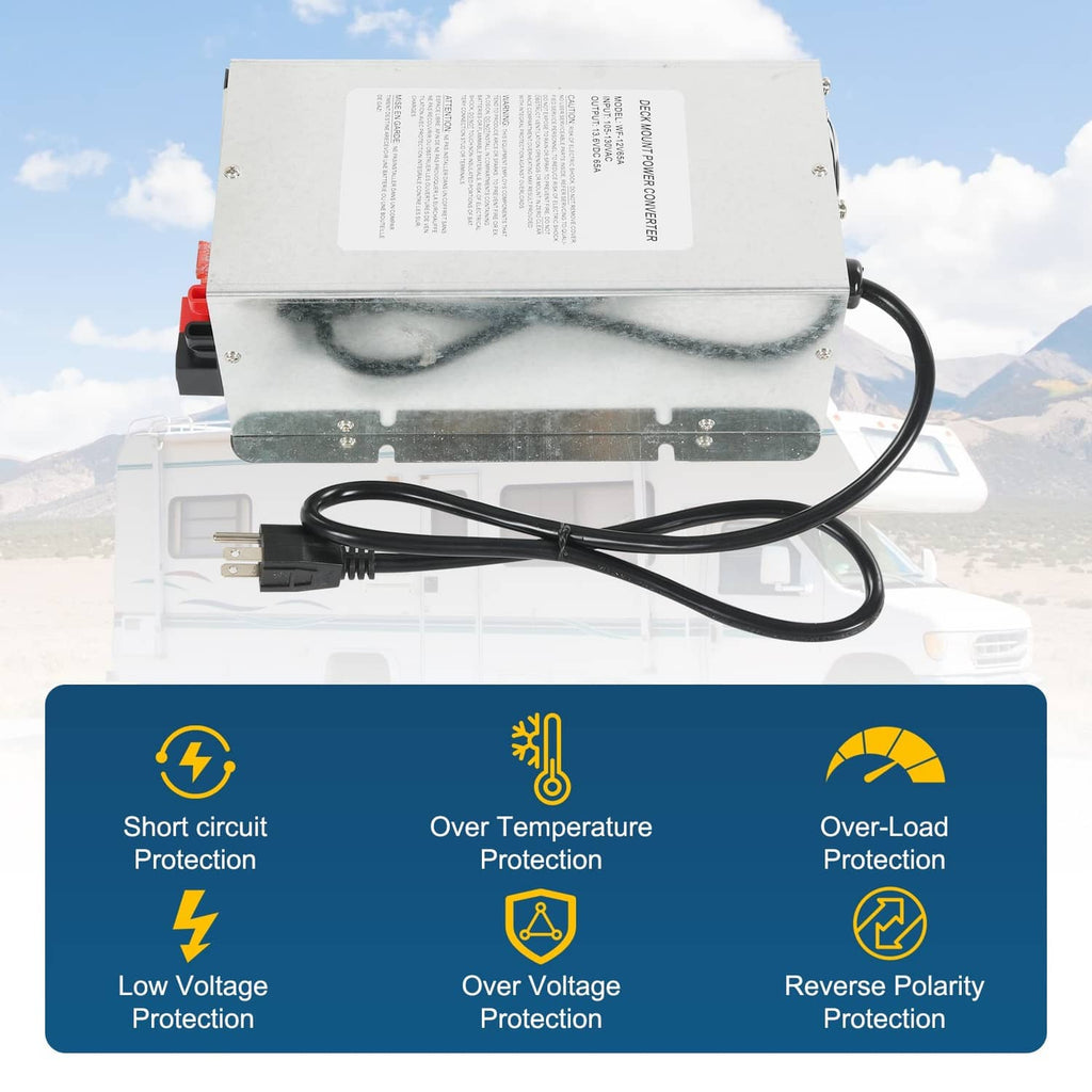 RV power converter charger close-up with black power cord and red safety labels